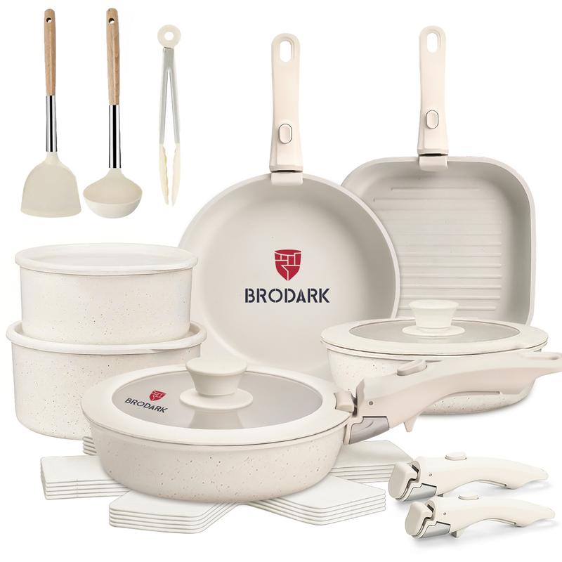 Set Desmontable 7/18/20/22 Piezas Ollas y Sartenes Serie de Colores Estilo Dopamina, Revestimiento Antiadherente Cerámico Sin PFAS, Compatible con todas las estufas y horno hasta 450°F, manijas desmontables, apto para lavavajillas