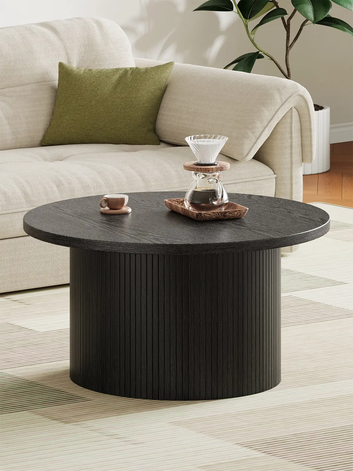 Mesa de centro redonda estriada de 31,5 pulgadas – Estilo moderno de mediados de siglo