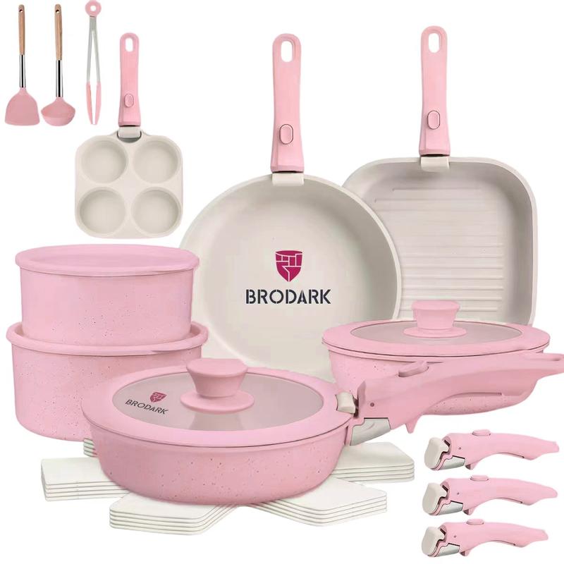 Set Desmontable 7/18/20/22 Piezas Ollas y Sartenes Serie de Colores Estilo Dopamina, Revestimiento Antiadherente Cerámico Sin PFAS, Compatible con todas las estufas y horno hasta 450°F, manijas desmontables, apto para lavavajillas