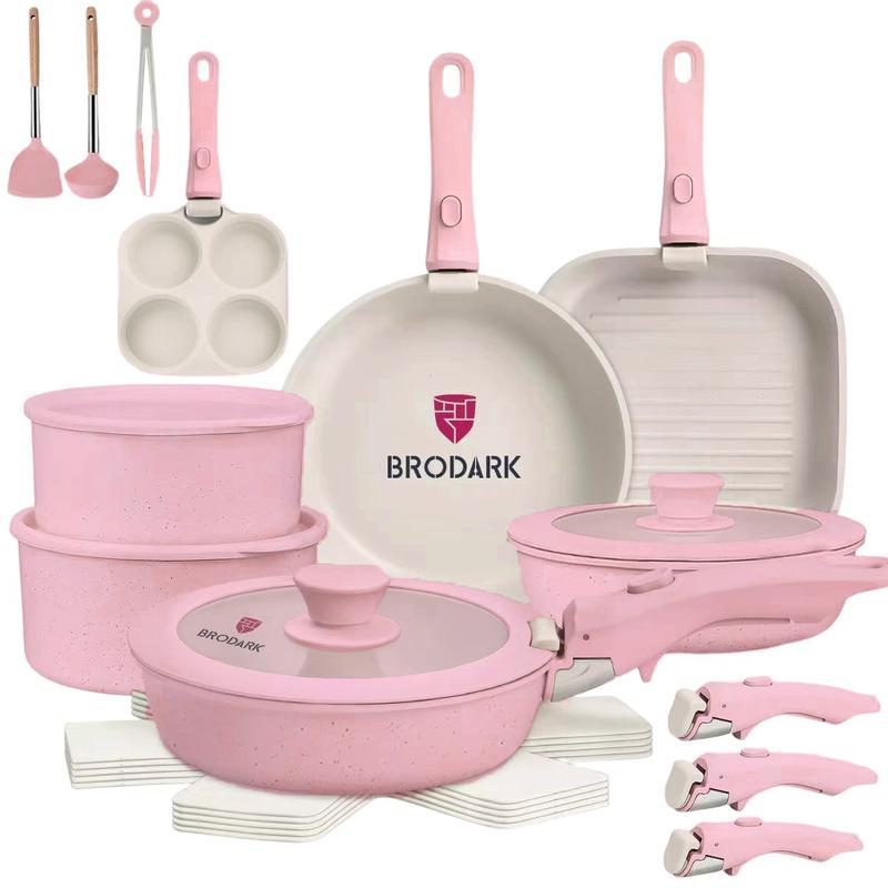 Set Desmontable 7/18/20/22 Piezas Ollas y Sartenes Serie de Colores Estilo Dopamina, Revestimiento Antiadherente Cerámico Sin PFAS, Compatible con todas las estufas y horno hasta 450°F, manijas desmontables, apto para lavavajillas