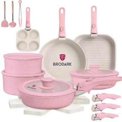 Set Desmontable 7/18/20/22 Piezas Ollas y Sartenes Serie de Colores Estilo Dopamina, Revestimiento Antiadherente Cerámico Sin PFAS, Compatible con todas las estufas y horno hasta 450°F, manijas desmontables, apto para lavavajillas