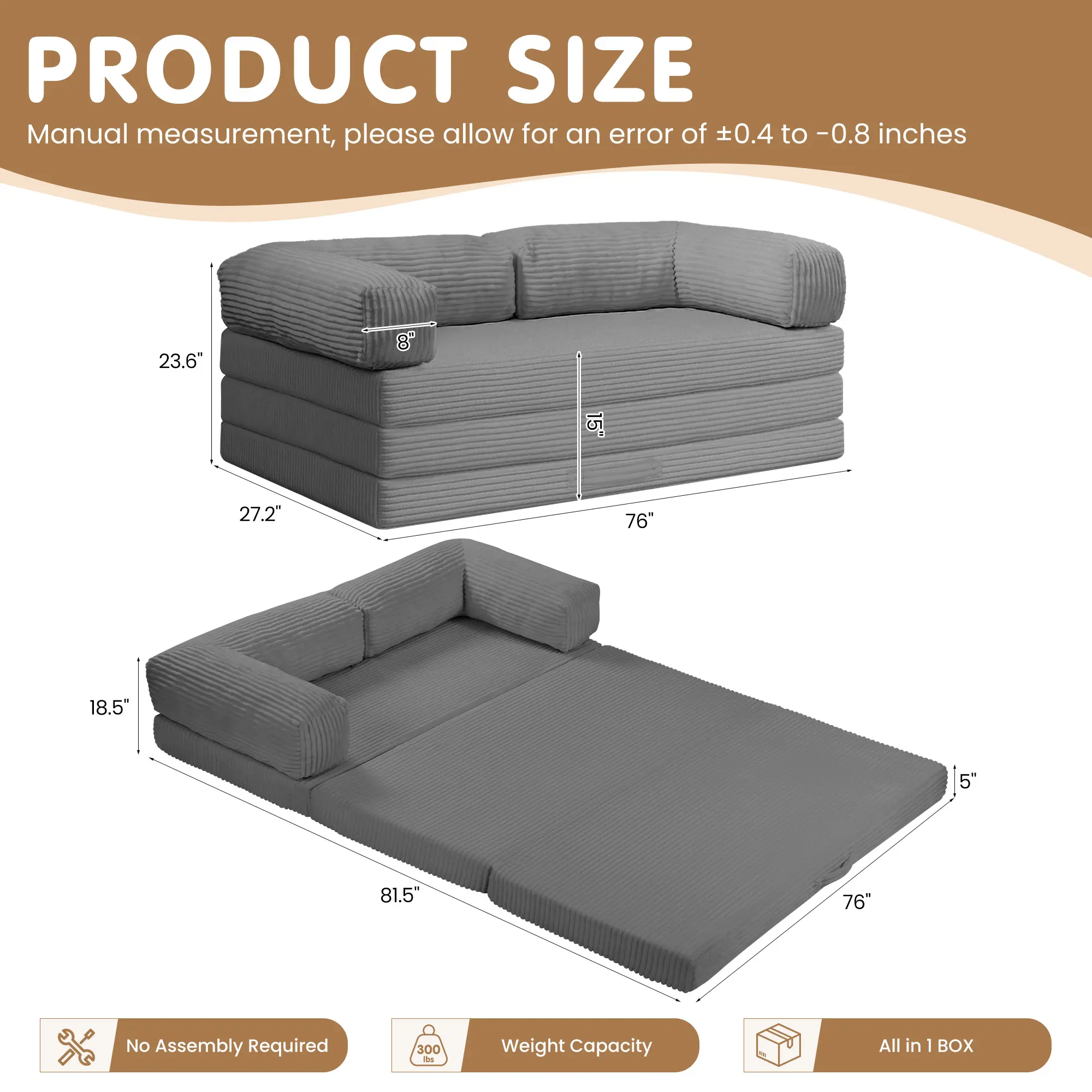 Sofá cama convertible 5 en 1 con reposabrazos y colchón plegable en tres partes