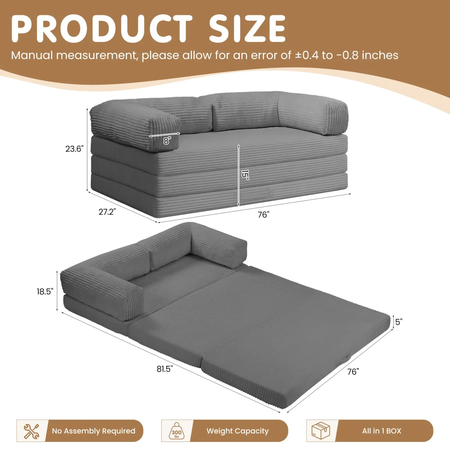 Sofá cama convertible 5 en 1 con reposabrazos y colchón plegable en tres partes