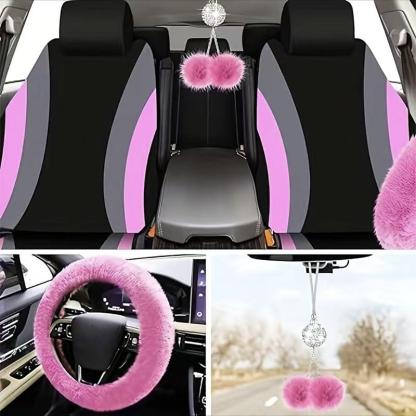 Juego de fundas para asientos y accesorios interiores: fundas de poliéster fino para 5 asientos, funda de felpa para el volante, almohadillas para los cinturones, funda para la palanca de cambios, adornos para el retrovisor, posavasos, tapones para válvul