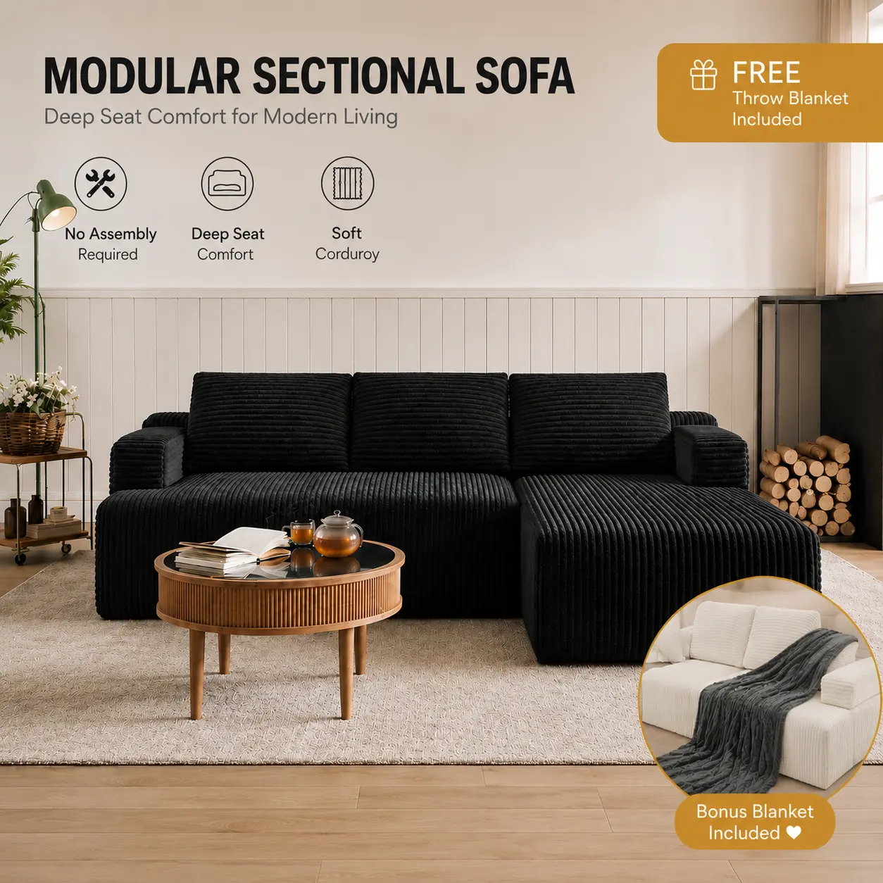 Sofá seccional moderno en forma de L de terciopelo de pana afelpada (sin montaje)