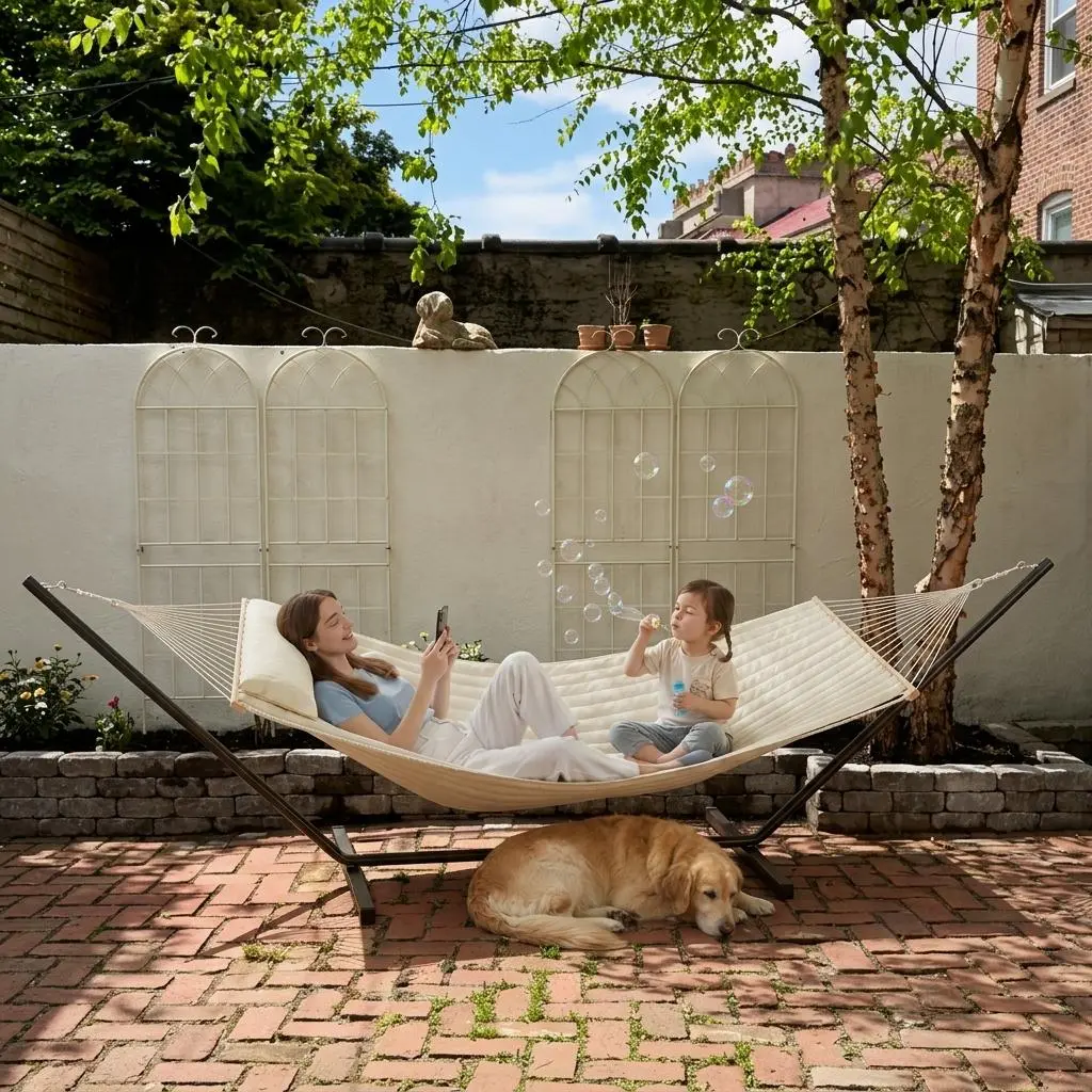 Hamaca doble portátil con soporte de acero para relajarse al aire libre