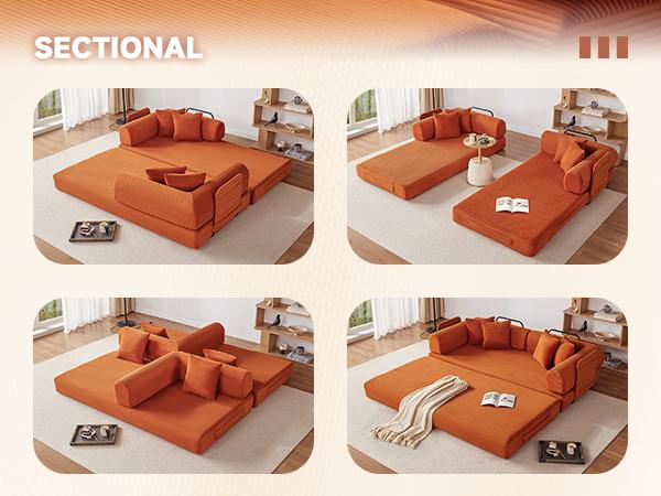 79" Convertible Sleeper Sofa Bed with 4 Pillows, 5-in-1 Corduroy Futon Couch for Small Spaces, Boneless Couch Floor Modular Sofa with Fixed-Shape Frame, For Guest Bed & Kids Play Area with Washable Cover,teddy sofa for Adults,No-Assembly