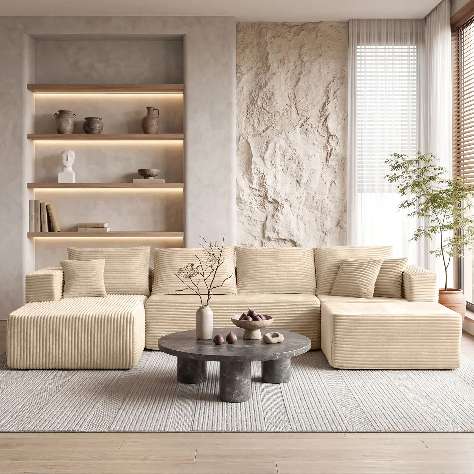 Sofá modular de pana en forma de U con otomana - 133 x 70 pulgadas