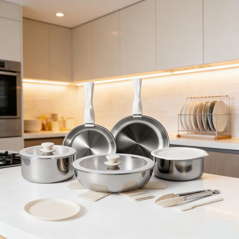 Batería De Cocina 15/17/22 Piezas Juego De Sartenes Ollas  Utensilios Sartenes Antiadherentes Con Mangos Desmontables Y Tapas De Vidrio Para Inducción, Gas Y Horno Negro Blanco Libre de PTFE, PFOA, plomo y cadmio. Cocina con menos aceite, sin que se pegue