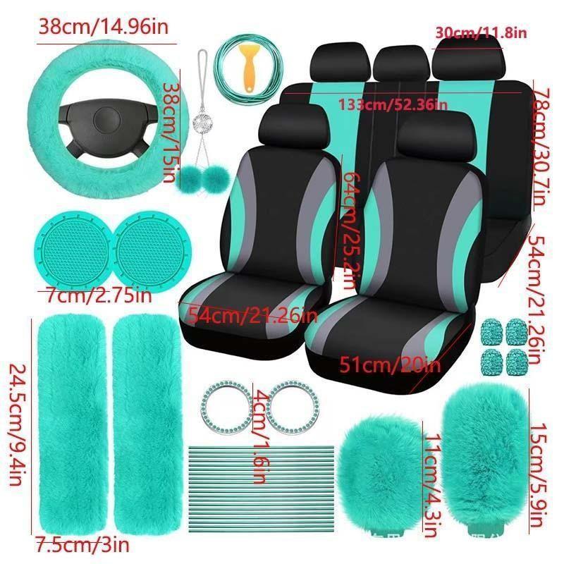 Juego de fundas para asientos y accesorios interiores: fundas de poliéster fino para 5 asientos, funda de felpa para el volante, almohadillas para los cinturones, funda para la palanca de cambios, adornos para el retrovisor, posavasos, tapones para válvul