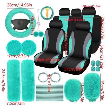 Juego de fundas para asientos y accesorios interiores: fundas de poliéster fino para 5 asientos, funda de felpa para el volante, almohadillas para los cinturones, funda para la palanca de cambios, adornos para el retrovisor, posavasos, tapones para válvul