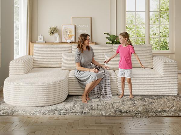 【2 Packages shipping】110" Modular Sectional Sofa Couches, Cloud Couches for Living Room, Boneless Sofa with Deep Seat,L-Shape Couch with Chaise,No Assembly Required,Beige,