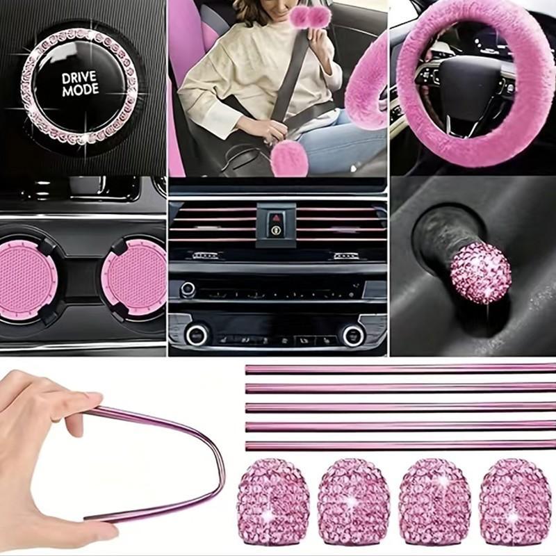 Juego de fundas para asientos y accesorios interiores: fundas de poliéster fino para 5 asientos, funda de felpa para el volante, almohadillas para los cinturones, funda para la palanca de cambios, adornos para el retrovisor, posavasos, tapones para válvul
