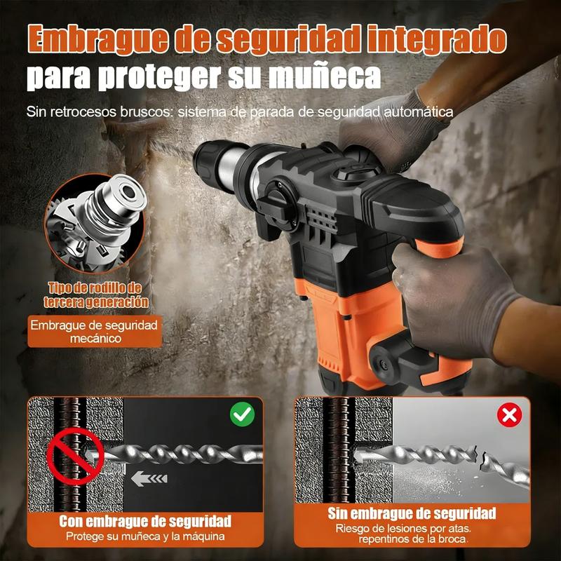 Rotomartillo Eléctrico SDS Plus Industrial, 1050 RPM, Taladro y Cincelador Multifuncional, Herramienta Eléctrica para Construcción