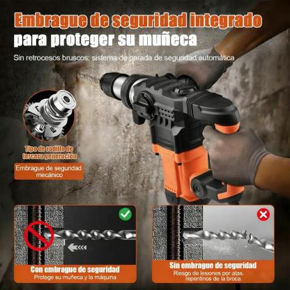 Rotomartillo Eléctrico SDS Plus Industrial, 1050 RPM, Taladro y Cincelador Multifuncional, Herramienta Eléctrica para Construcción