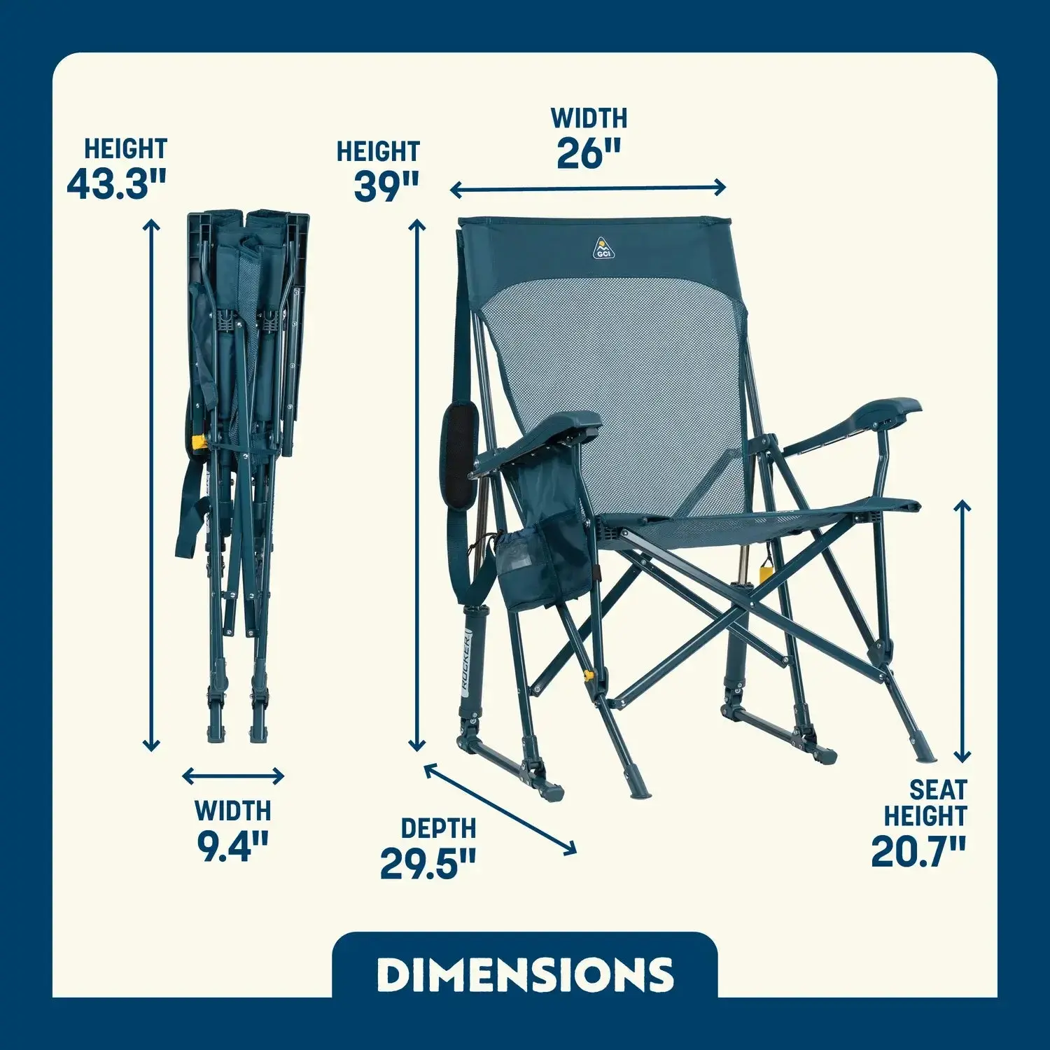 Silla GCI Outdoor BreezeRocker con mecanismo de balanceo por resorte y respaldo de malla, color verde azulado y negro.
