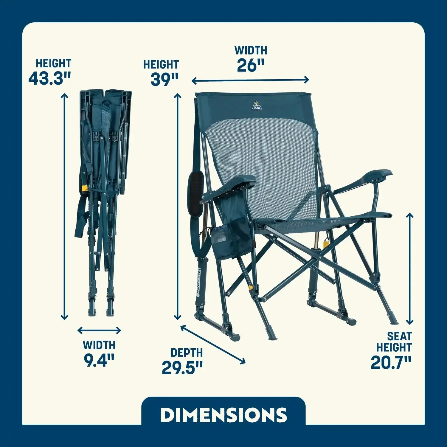 Silla GCI Outdoor BreezeRocker con mecanismo de balanceo por resorte y respaldo de malla, color verde azulado y negro.