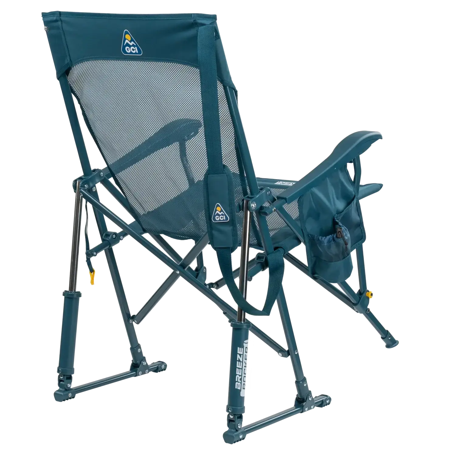 Silla GCI Outdoor BreezeRocker con mecanismo de balanceo por resorte y respaldo de malla, color verde azulado y negro.