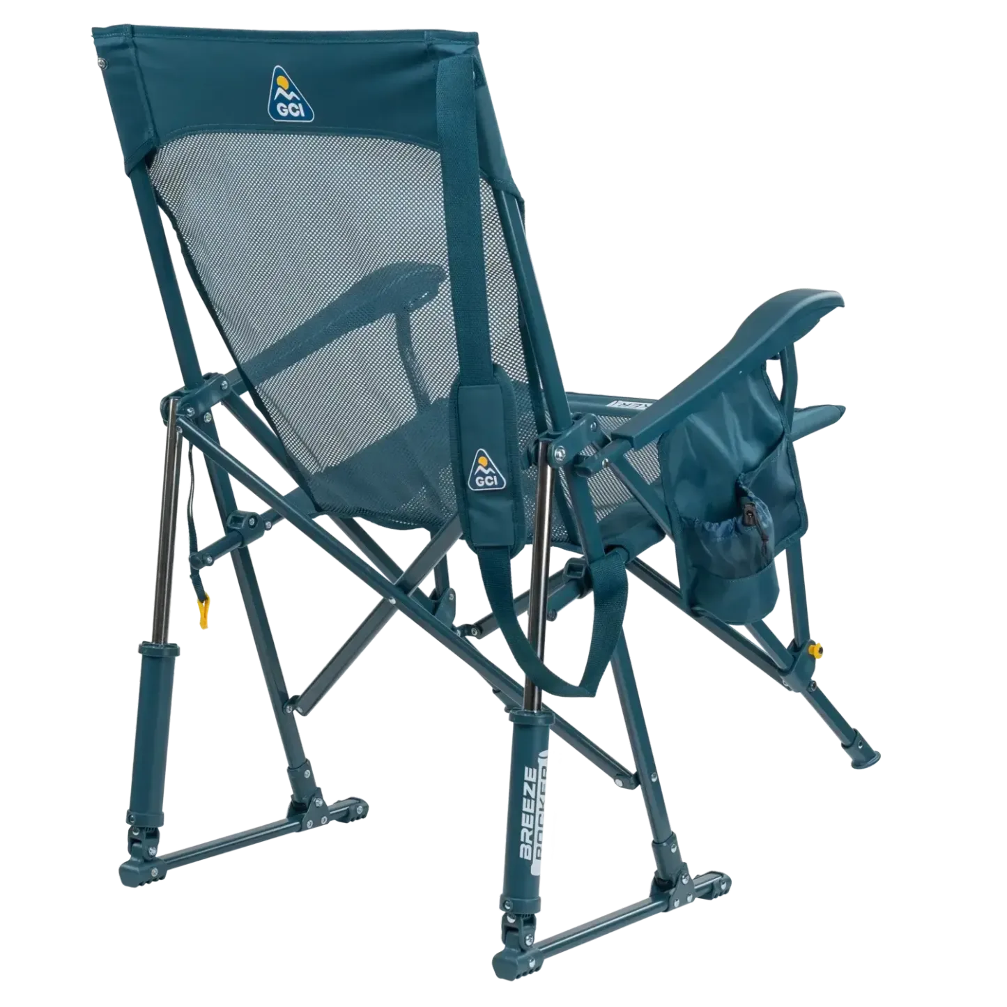 Silla GCI Outdoor BreezeRocker con mecanismo de balanceo por resorte y respaldo de malla, color verde azulado y negro.
