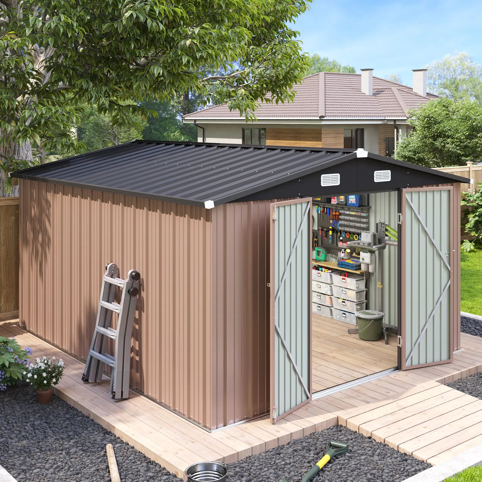 [Deal] Aoxun Outdoor Metal Storage Shed with Base, Lockable Door & Sloped Roof, Weather-Resistant Utility Shed for Garden, Patio & Backyard Astronaut Nebula   Star