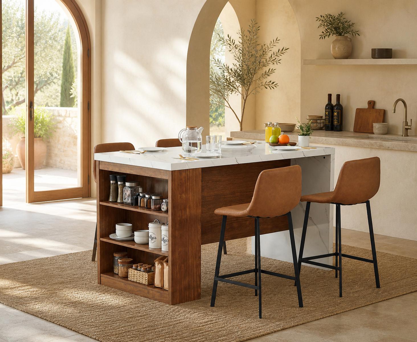 【SohoChic】ONBRILL 61"x31" Large Wood Top Kitchen Island Table, Whole Board Tabletop with Storage Space, Power Outlet, LED Lights, Easy Setup Modern Imitation Marble Counter Height Dining Table for 4, For Four