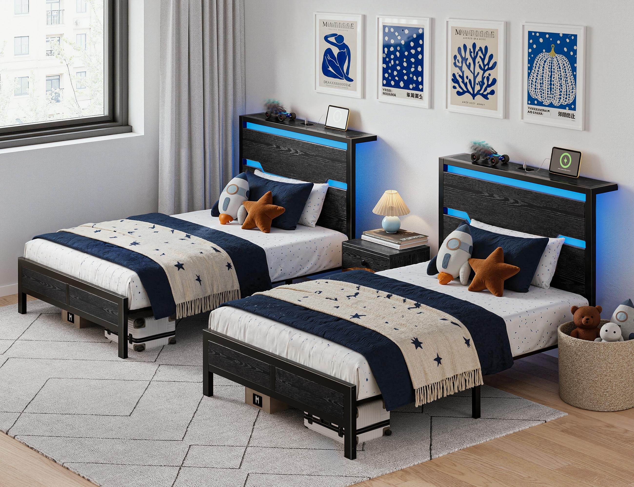 Raybee LED Bed Frame for Queen King Full with Headboard & Storage Shelf, No Mattress, Modern Industrial Wood Platform Bed Frame with Built-In Charging Station, No Noise, Capacity 900LBS with Metal Slats for Bedroom, First Apartment, Teens, Dorms