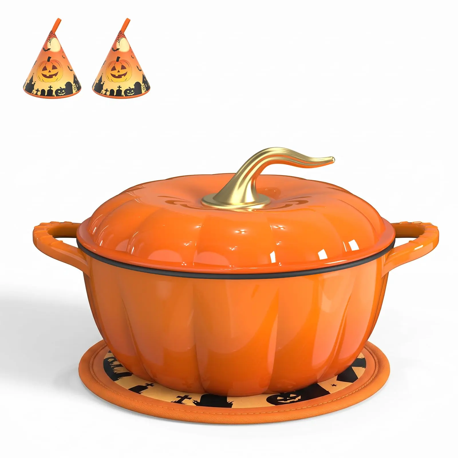 Olla Holandesa de Calabaza de Hierro Fundido Esmaltado con Tapa, Asa Dorada, Ideal para Sopas, Guisos y Estofados, Color Naranja, 5QT/7,5QT.