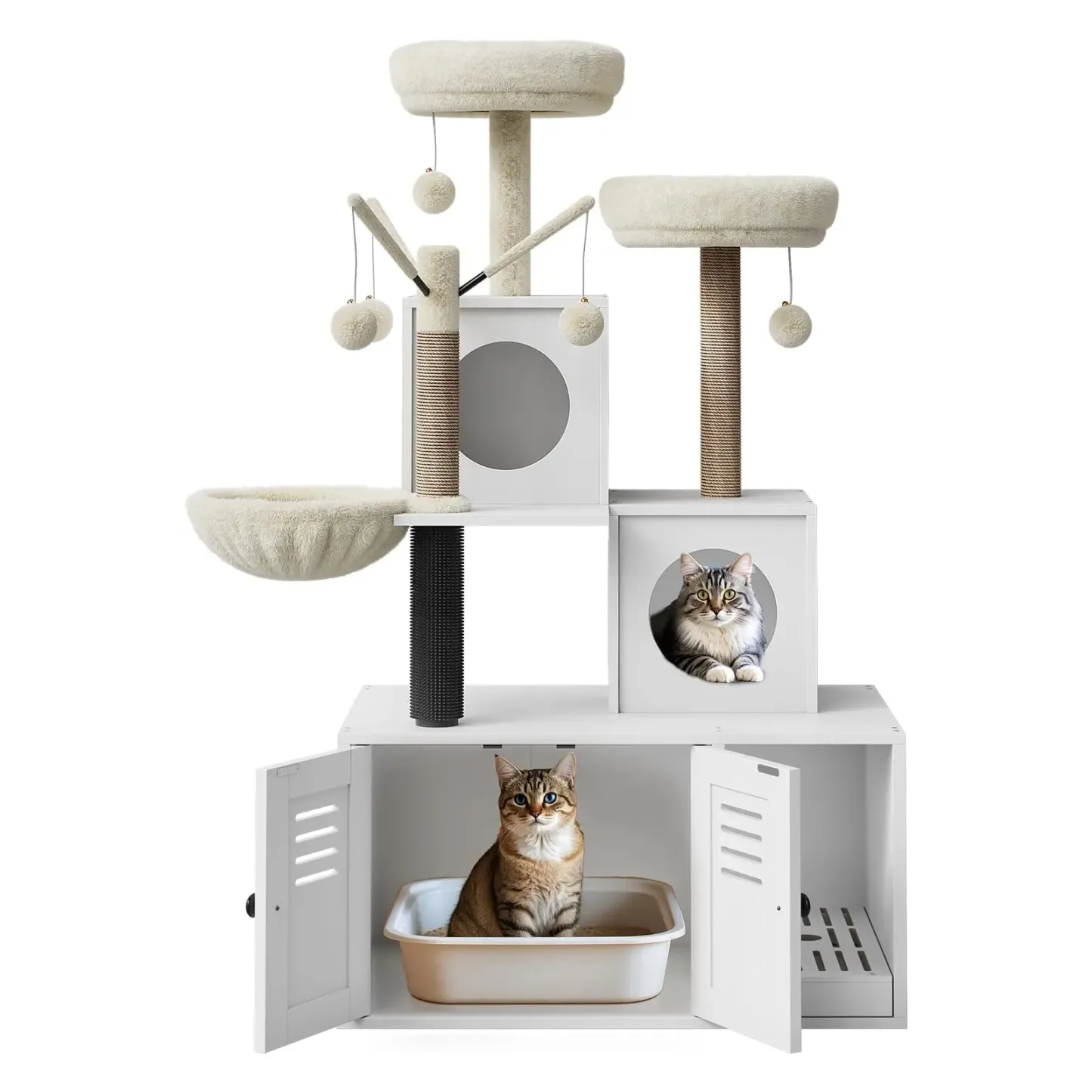 Casa moderna para gatos 2 en 1 con torre y espacio cerrado para el arenero