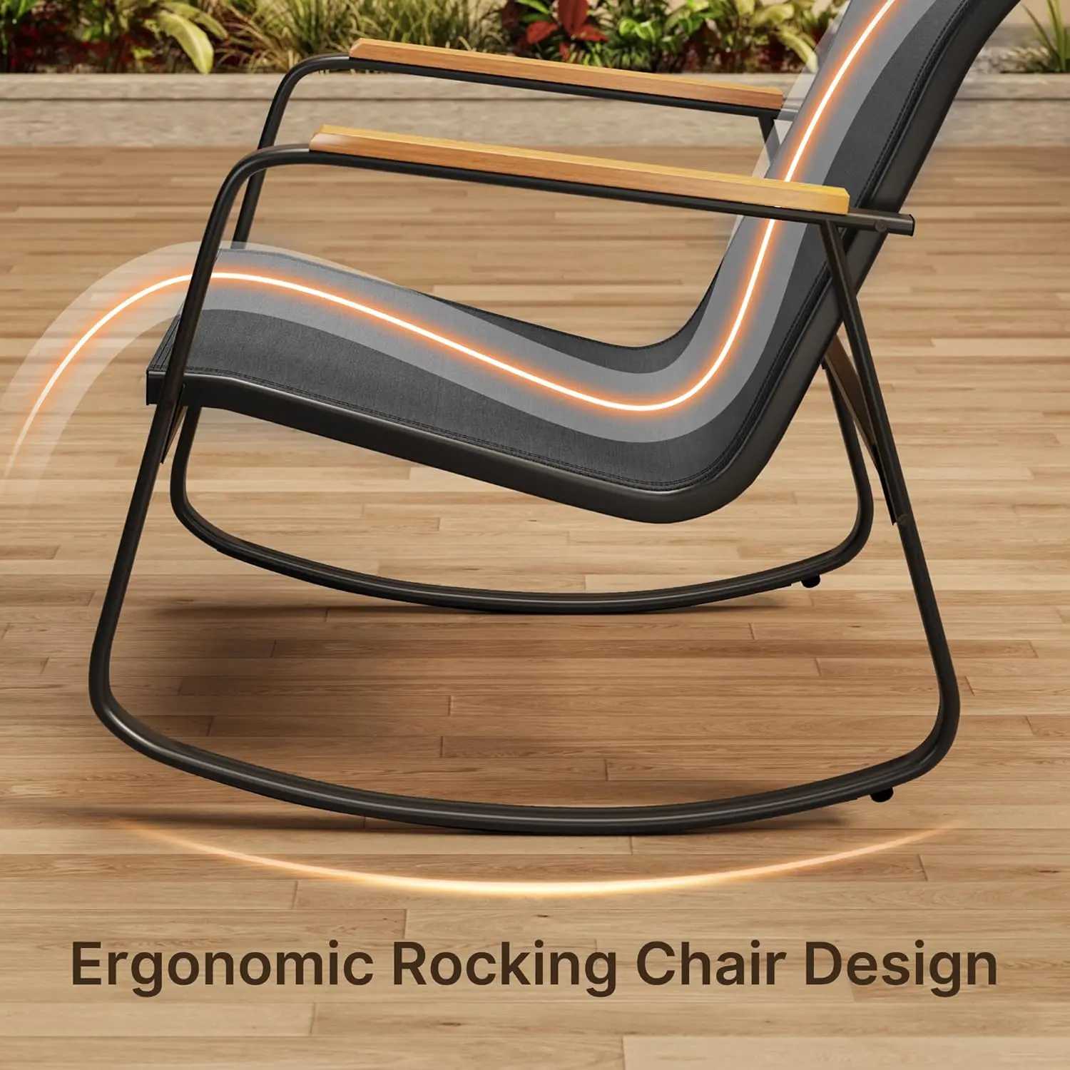 Juego de muebles de patio modernos de 4 piezas, resistente conjunto para zona de conversación: resistente a la intemperie, estable y con reposabrazos de madera; incluye 2 mecedoras y mesa de centro para patio o balcón.