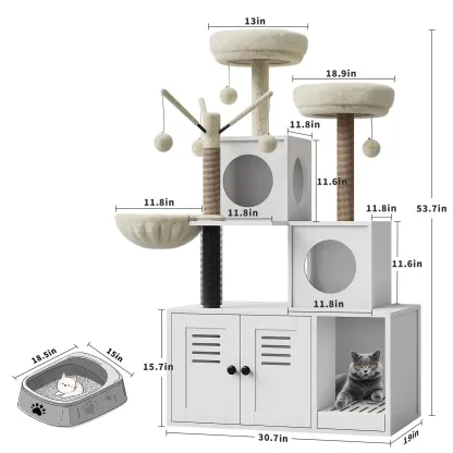 Casa moderna para gatos 2 en 1 con torre y espacio cerrado para el arenero