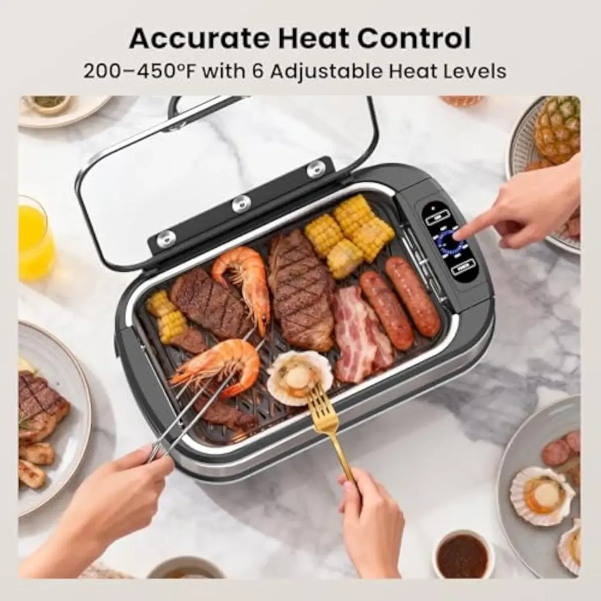 Parrilla Eléctrica de Interior sin Humo de 1500 W, con Tapa de Vidrio Templado, Parrilla Antiadherente para BBQ Coreana, 6 Niveles de Control de Temperatura, Extractor de Humo Doble, Bandeja de Goteo y Piezas Aptas para Lavavajillas, Ideal para el Hogar