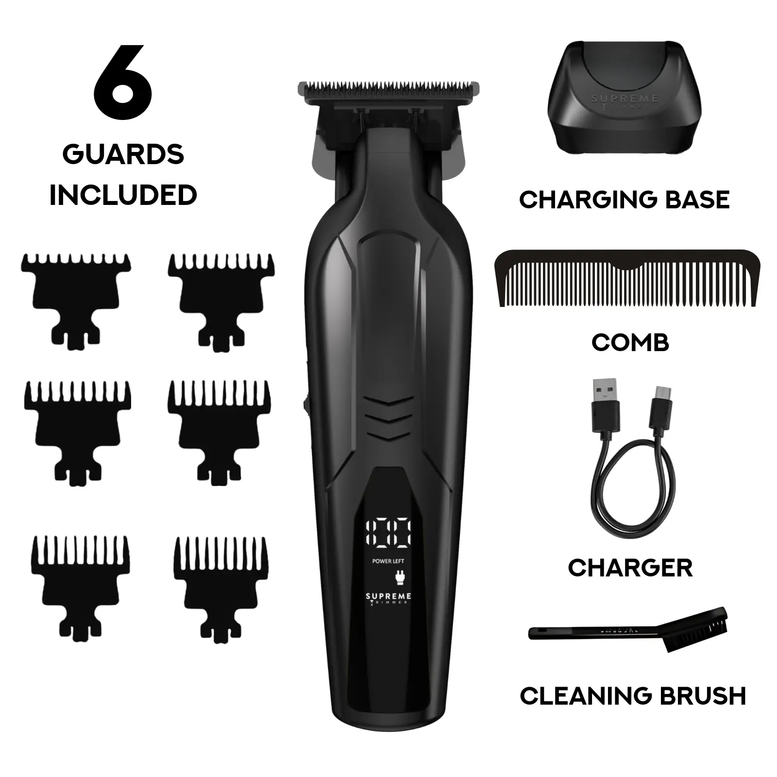 Supreme Trimmer VADER Lite: Cortapelos tipo T-Liner con 6 peines guía, carga USB-C, batería de larga duración, motor de 6,5 W y 7000 RPM para cortes precisos; diseño ergonómico para uso prolongado, inalámbrico y fabricado en acero.