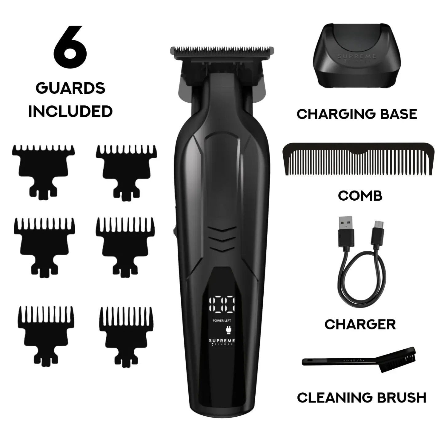 Supreme Trimmer VADER Lite: Cortapelos tipo T-Liner con 6 peines guía, carga USB-C, batería de larga duración, motor de 6,5 W y 7000 RPM para cortes precisos; diseño ergonómico para uso prolongado, inalámbrico y fabricado en acero.