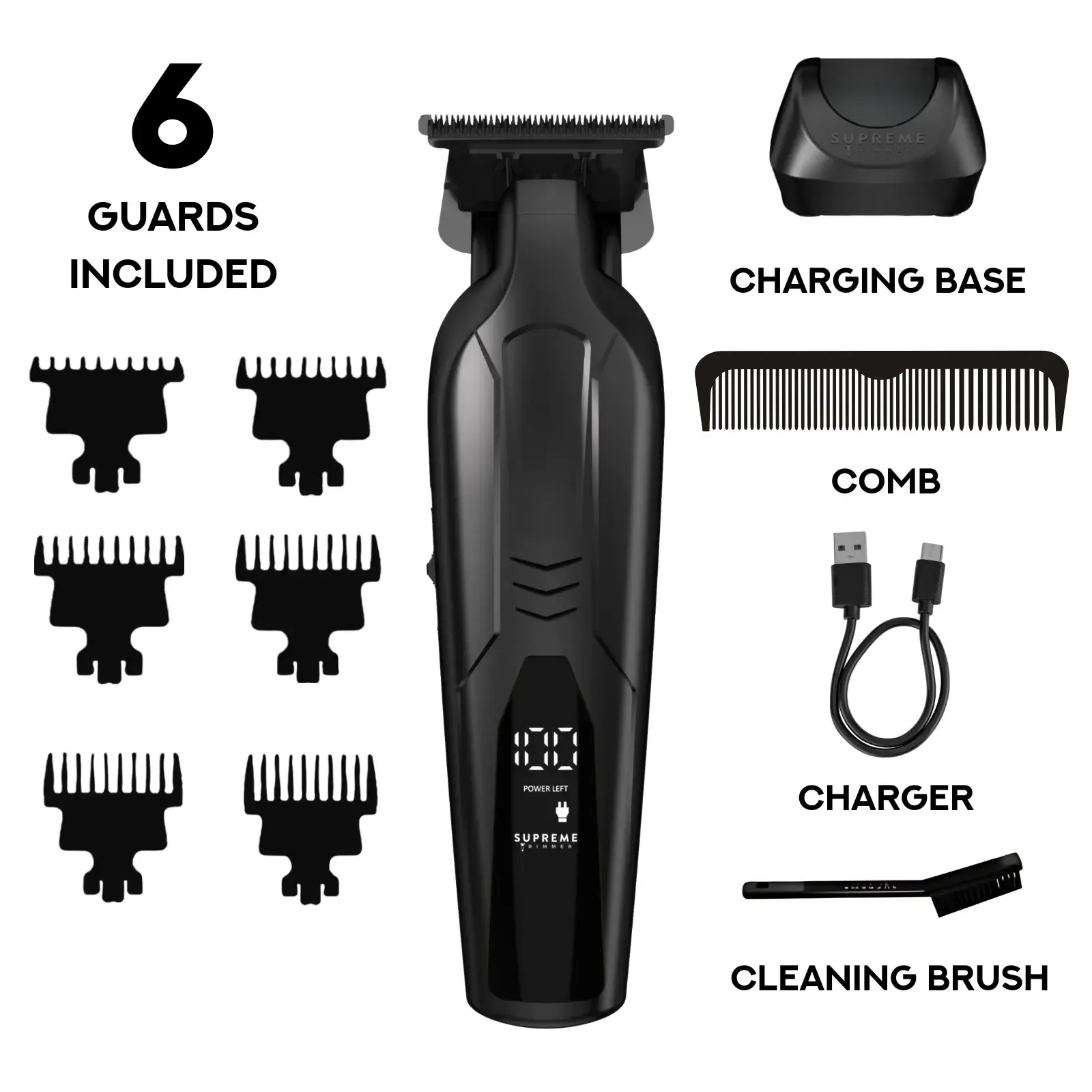 Supreme Trimmer VADER Lite: Cortapelos tipo T-Liner con 6 peines guía, carga USB-C, batería de larga duración, motor de 6,5 W y 7000 RPM para cortes precisos; diseño ergonómico para uso prolongado, inalámbrico y fabricado en acero.