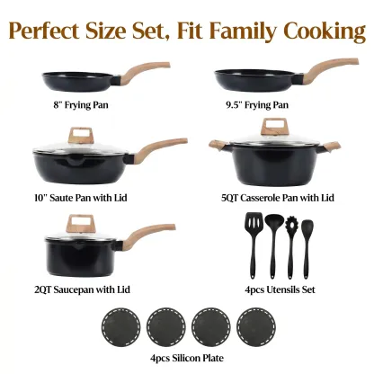 Batería de Cocina de 16 Piezas con Revestimiento Cerámico de Granito y Titanio, Libre de PFAS, Antiadherente, Apta para Inducción, Horno y Lavavajillas, Incluye Sartén de 24 cm, Tapas de Vidrio y Utensilios