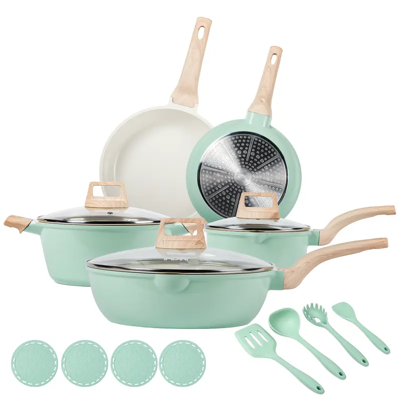 Batería de Cocina de 16 Piezas con Revestimiento Cerámico de Granito y Titanio, Libre de PFAS, Antiadherente, Apta para Inducción, Horno y Lavavajillas, Incluye Sartén de 24 cm, Tapas de Vidrio y Utensilios