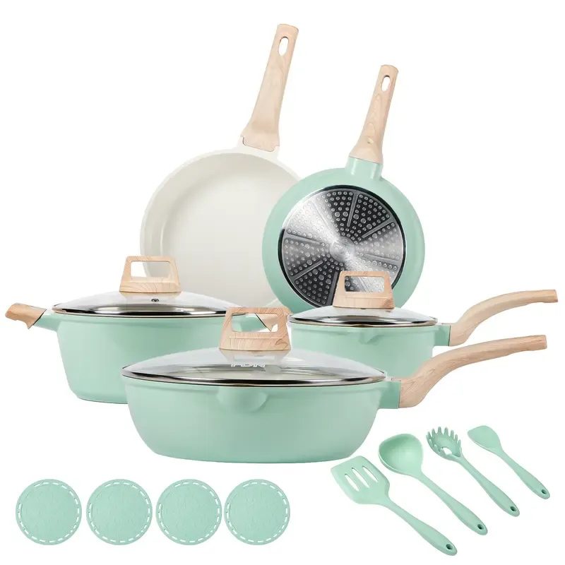 Batería de Cocina de 16 Piezas con Revestimiento Cerámico de Granito y Titanio, Libre de PFAS, Antiadherente, Apta para Inducción, Horno y Lavavajillas, Incluye Sartén de 24 cm, Tapas de Vidrio y Utensilios