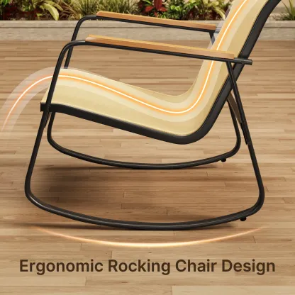 Juego de muebles de patio modernos de 4 piezas, resistente conjunto para zona de conversación: resistente a la intemperie, estable y con reposabrazos de madera; incluye 2 mecedoras y mesa de centro para patio o balcón.