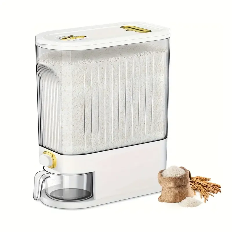 Dispensador de arroz con taza medidora y escala de tiempo - 11.02 lb/22.05 lb, a prueba de polvo, apilable, de plástico duradero, con múltiples compartimentos, apto para alimentos.