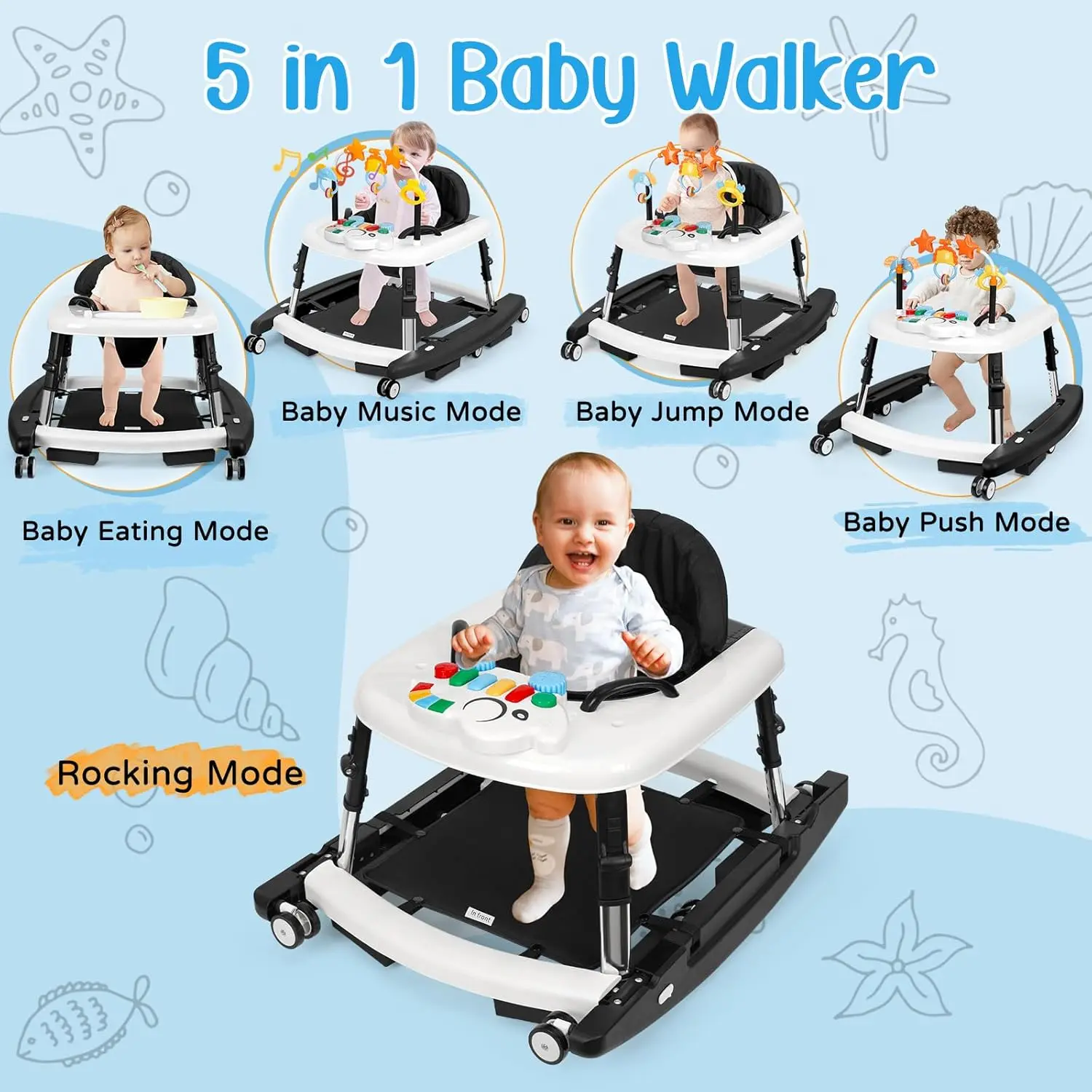 **Andador de Bebé Unisex 5 en 1 para Bebés de 6 a 18 Meses, Plegable y Seguro con 5 Alturas Ajustables, Música, Bandeja de Alimentación, Reposapiés Extraíble y Centro de Actividades Portátil para Niños y Niñas.**