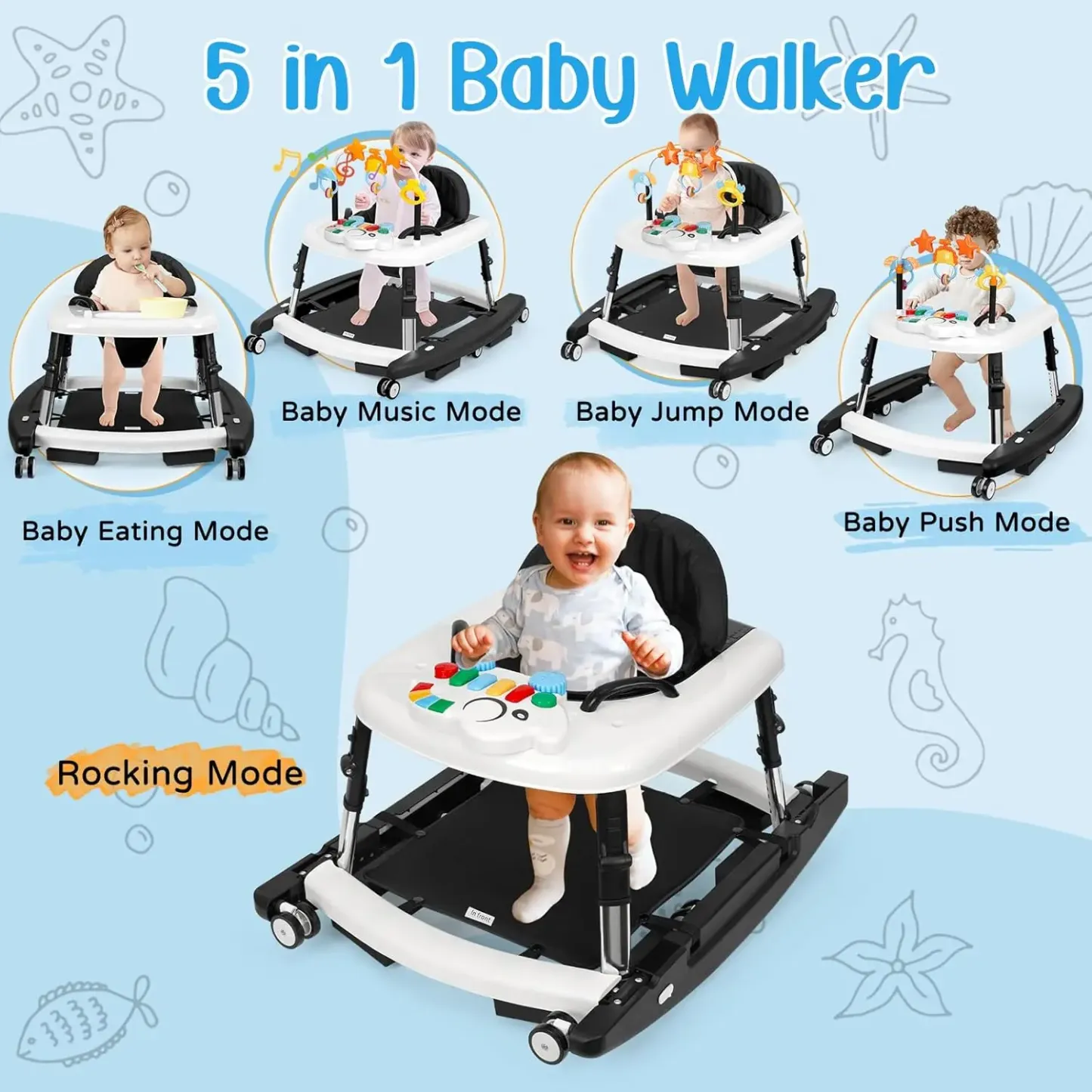 **Andador de Bebé Unisex 5 en 1 para Bebés de 6 a 18 Meses, Plegable y Seguro con 5 Alturas Ajustables, Música, Bandeja de Alimentación, Reposapiés Extraíble y Centro de Actividades Portátil para Niños y Niñas.**