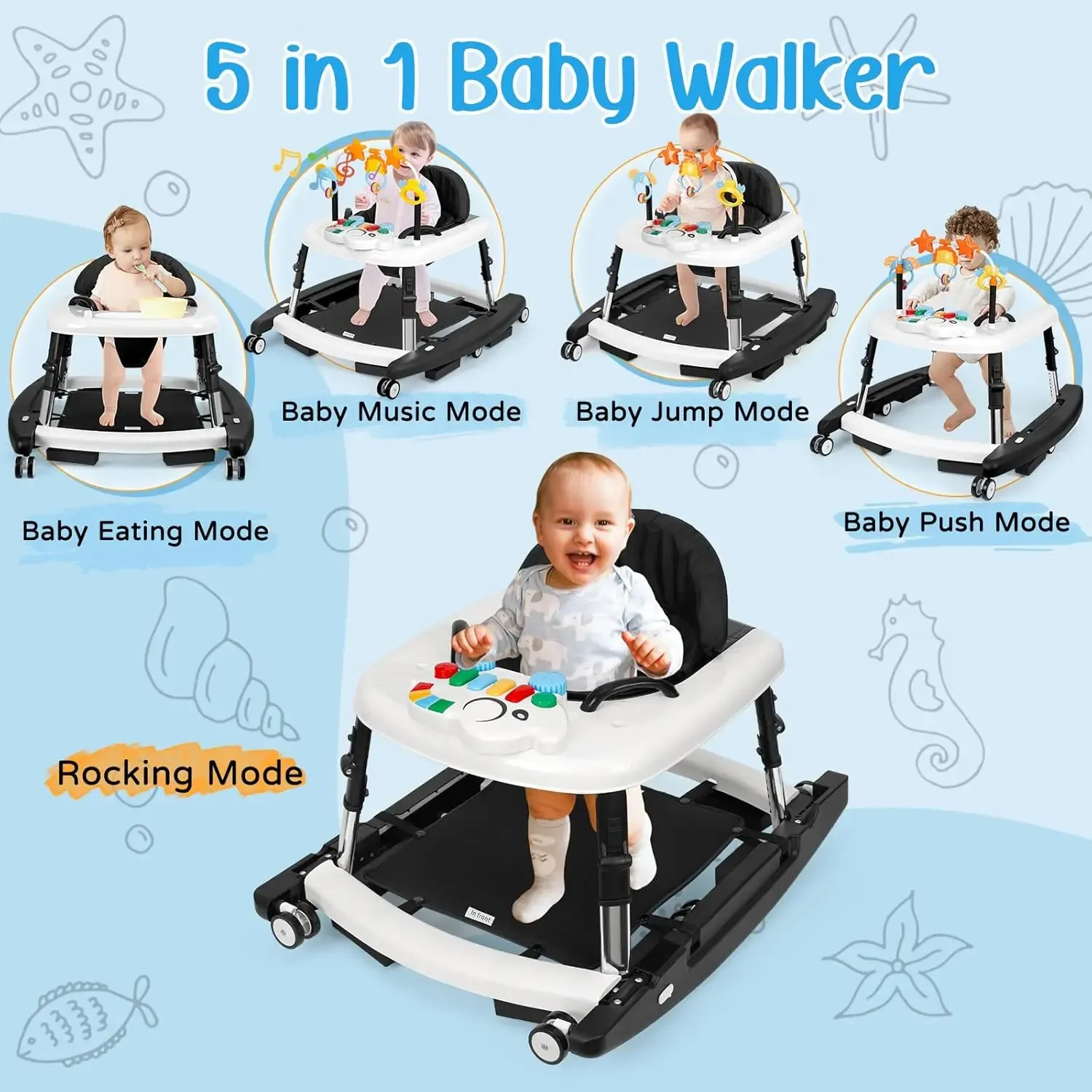 **Andador de Bebé Unisex 5 en 1 para Bebés de 6 a 18 Meses, Plegable y Seguro con 5 Alturas Ajustables, Música, Bandeja de Alimentación, Reposapiés Extraíble y Centro de Actividades Portátil para Niños y Niñas.**