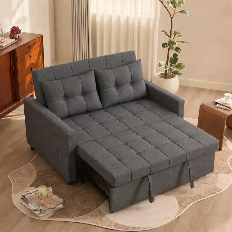 Sofá cama de 52" con cama extraíble, sofá, sofá cama convertible 3 en 1, sofá de dos plazas con respaldo ajustable sin escalones y bolsillo lateral, para sala de estar, dormitorio, apartamento, cama de día, sofás para sala