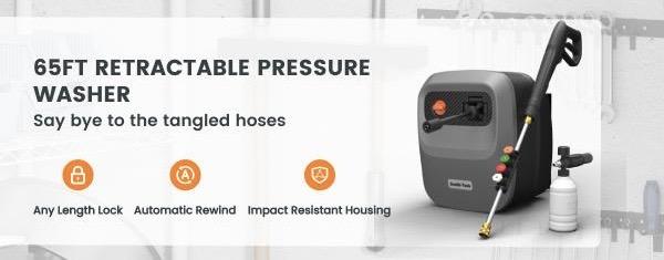 [BackToSchool] Giraffe Tools Grandfalls Retractable Pressure Washer G20 2400 PSI 2.0 GPM ,180&deg; Swivel Metal Bracket Wall Mounted Power Washer, Auto-Retract with 65ft Pressure Hoses, Any Length Lock, 5 Nozzles for Floor/Cars/Fences/Patios, 2 years warranty