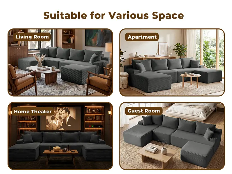 【1-2 Packages】118" U Shaped Boneless  Sectional Sofa bed with 2 Pillows, 6-Seater Oversized Modular Couch, Comfy Corduroy Cloud Sofa with Deep Seat, Fluffy Cozy Sofa for Living Room, No Assembly Required