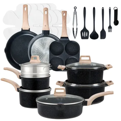 Juego de utensilios de cocina de 25 piezas con revestimiento cerámico y efecto granito antiadherente, con asas que se mantienen frías; juego de ollas y sartenes compatible con inducción para una cocina saludable.