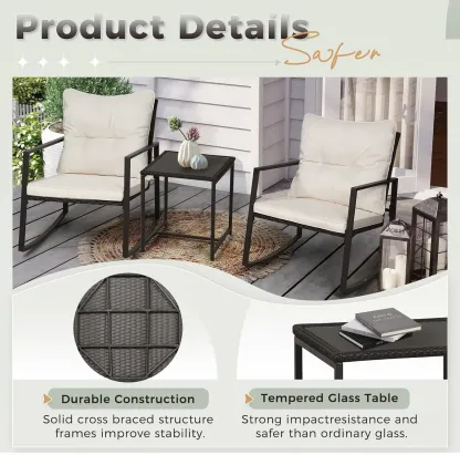 Set de bistró mecedor para exteriores de 3 piezas: muebles de mimbre negro, sillas para porche y mesa de centro de cristal.
