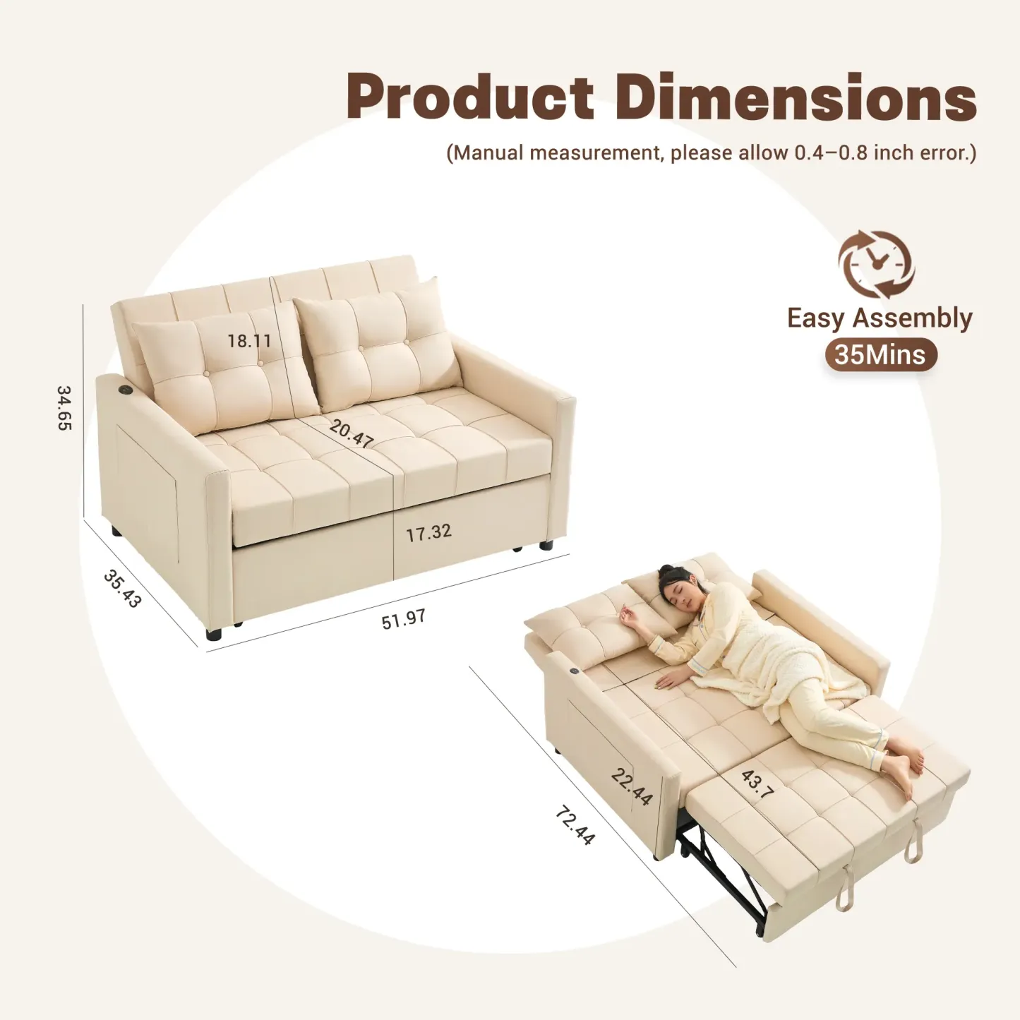 Sofá cama de 52" con cama extraíble, sofá, sofá cama convertible 3 en 1, sofá de dos plazas con respaldo ajustable sin escalones y bolsillo lateral, para sala de estar, dormitorio, apartamento, cama de día, sofás para sala