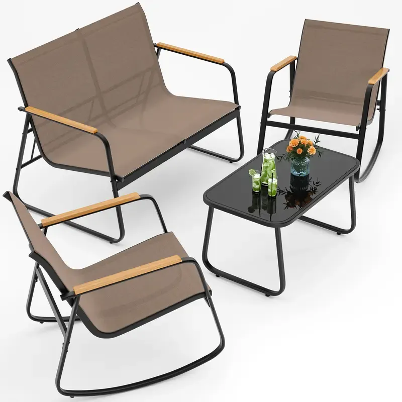 Juego de muebles de patio modernos de 4 piezas, resistente conjunto para zona de conversación: resistente a la intemperie, estable y con reposabrazos de madera; incluye 2 mecedoras y mesa de centro para patio o balcón.