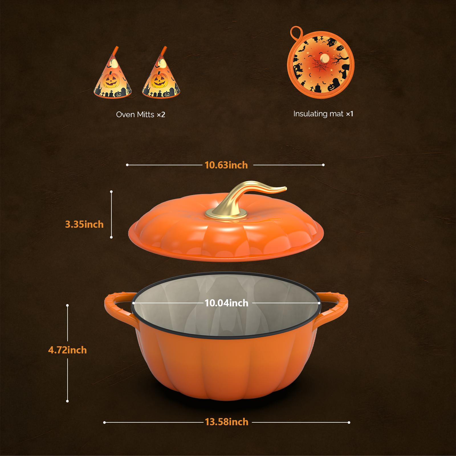 ROVSUN Pumpkin Dutch Oven Pot with Lid &ndash; Enameled Cast Iron Pumpkin Shaped Pot with Gold Stem Knob, Matching Halloween Trivet & Oven Mitts, Fall Cookware for Soup, Stew & Braising, Orange, 5QT/7.5QT